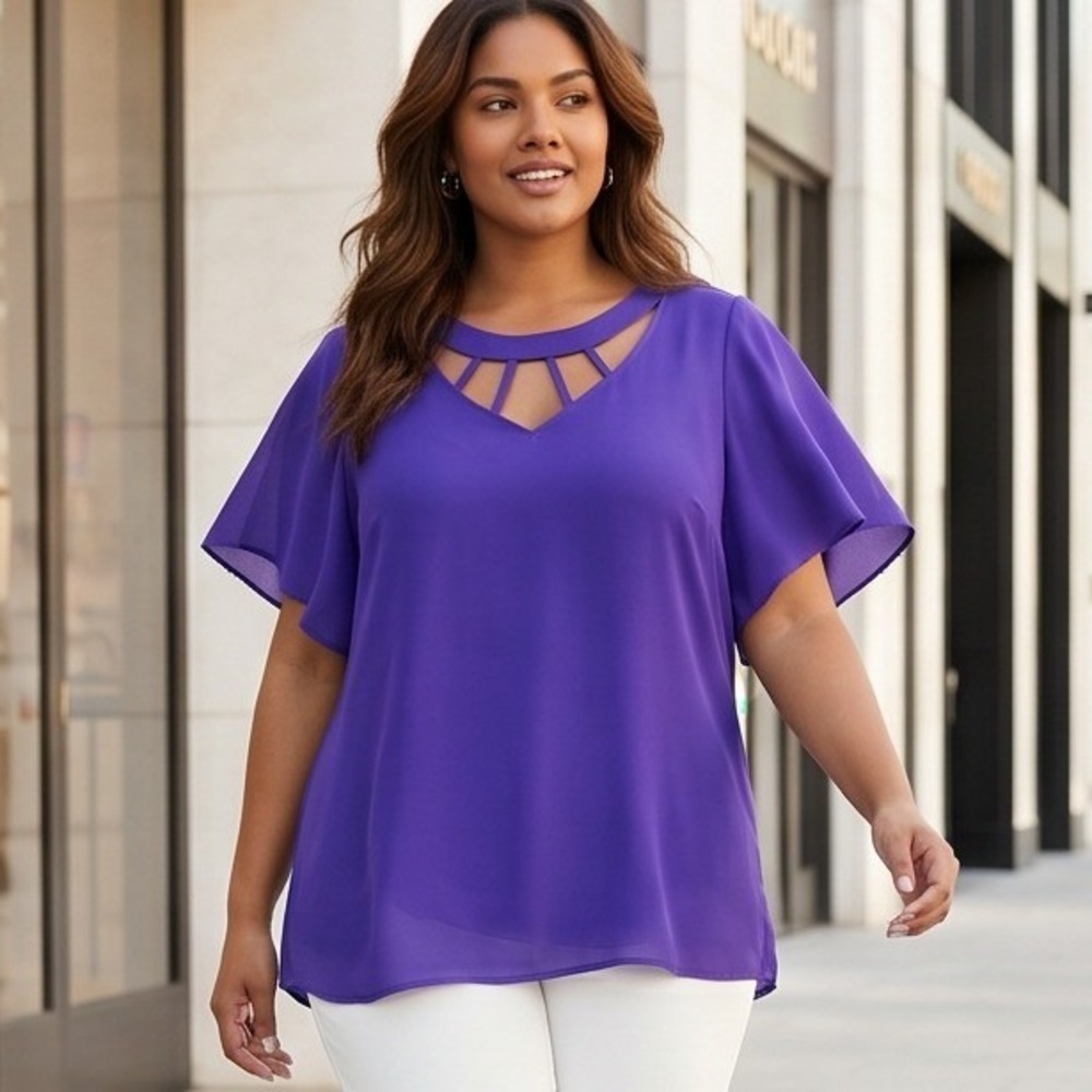 Torrid 5 Purple Georgette Cage Neck Flutter Sleeve Blouse Top Plus Size 5X